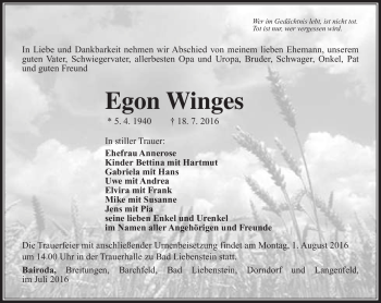 Traueranzeige von Egon Winges von Südthüringer Presse