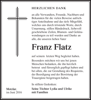 Traueranzeige von Franz Flatz von Südthüringer Presse