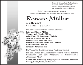 Traueranzeige von Renate Müller von Südthüringer Presse