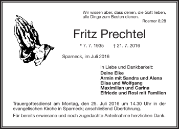 Traueranzeige von Fritz Prechtel von Frankenpost