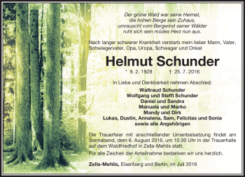 Traueranzeige von Helmut Schunder von Südthüringer Presse