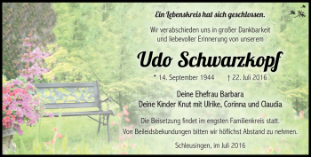 Traueranzeige von Udo Schwarzkopf von Südthüringer Presse