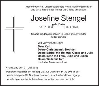 Traueranzeige von Josefine Stengel von Neue Presse Coburg