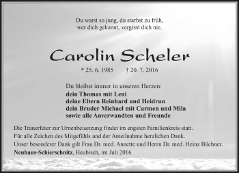 Traueranzeige von Carolin Scheler von Südthüringer Presse