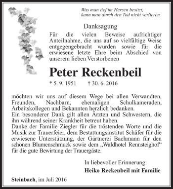 Traueranzeige von Peter Reckenbeil von Südthüringer Presse