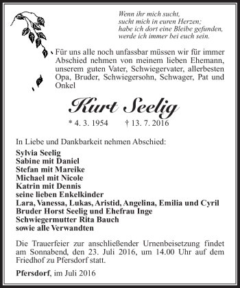 Traueranzeige von Kurt Seelig von Südthüringer Presse