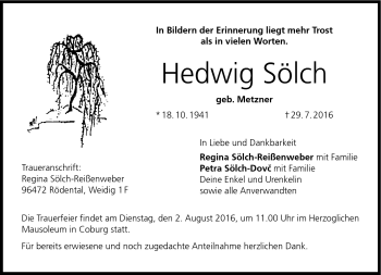 Traueranzeige von Hedwig Sölch von Neue Presse Coburg