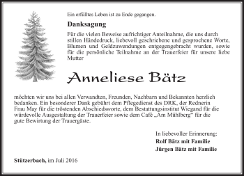 Traueranzeige von Anneliese Bätz von Südthüringer Presse