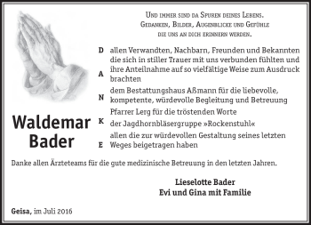 Traueranzeige von Waldemar Bader von Südthüringer Presse