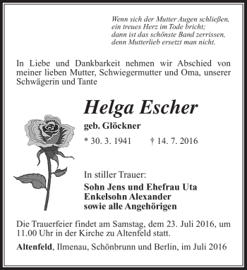 Traueranzeige von Helga Escher von Südthüringer Presse