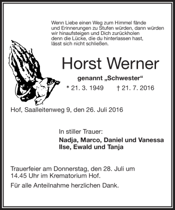 Traueranzeige von Horst Werner von Frankenpost