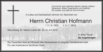 Traueranzeige von Christian Hofmann von Frankenpost