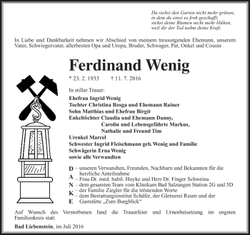 Traueranzeige von Ferdinand Wenig von Südthüringer Presse