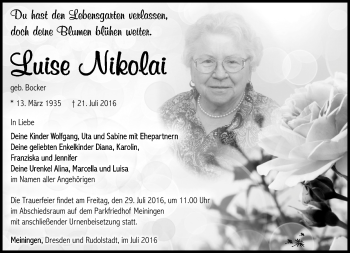Traueranzeige von Luise Nikolai von Südthüringer Presse