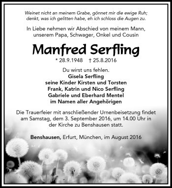 Traueranzeige von Manfred Serfling von Südthüringer Presse