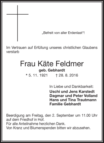 Traueranzeige von Käthe Feldmer von Frankenpost