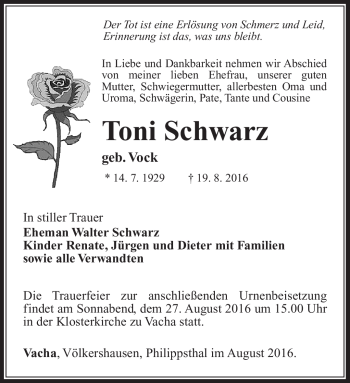 Traueranzeige von Toni Schwarz von Südthüringer Presse