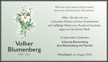 Traueranzeige von Volker Blumenberg von Südthüringer Presse