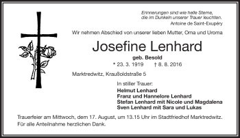 Traueranzeige von Josefine Lenhard von Frankenpost