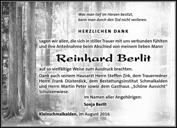 Traueranzeige von Reinhard Berlit von Südthüringer Presse