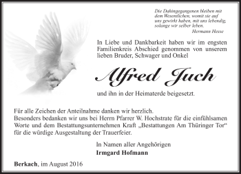 Traueranzeige von Alfred Juch von Südthüringer Presse