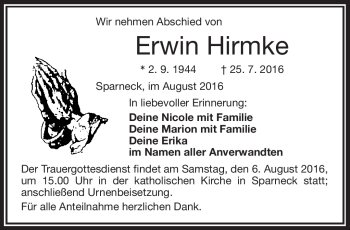 Traueranzeige von Erwin Hirmke von Frankenpost