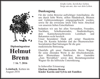 Traueranzeige von Helmut Brenn von Südthüringer Presse