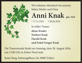 Traueranzeige von Anni Knak von Südthüringer Presse