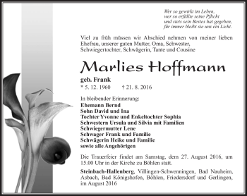 Traueranzeige von Marlies Hoffmann von Südthüringer Presse