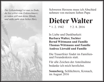 Traueranzeige von Dieter Walter von Südthüringer Presse
