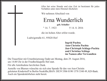 Traueranzeige von Erna Wunderlich von Frankenpost