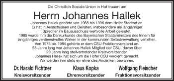 Traueranzeige von Johannes Hallek von Frankenpost