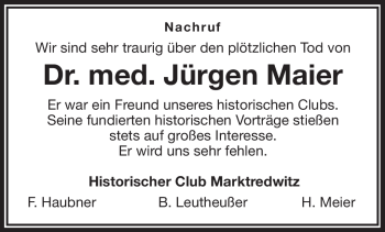Traueranzeige von Jürgen Maier von Frankenpost