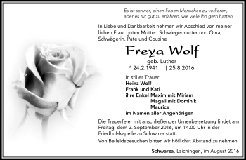 Traueranzeige von Freya Wolf von Südthüringer Presse