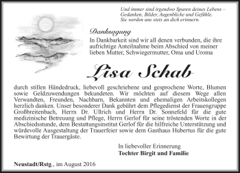 Traueranzeige von Lisa Schab von Südthüringer Presse