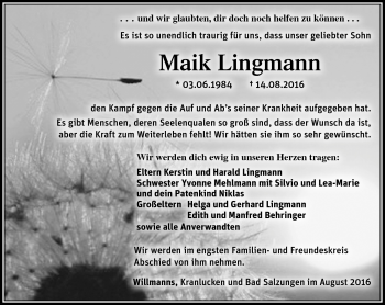 Traueranzeige von Maik Lingmann von Südthüringer Presse