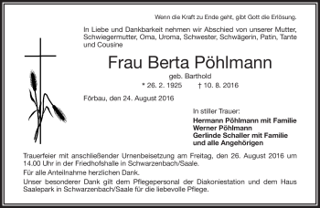 Traueranzeige von Berta Pöhlmann von Frankenpost