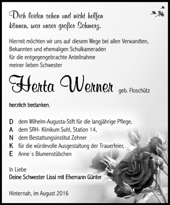 Traueranzeige von Herta Werner von Südthüringer Presse