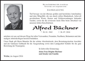 Traueranzeige von Alfred Büchner von Südthüringer Presse