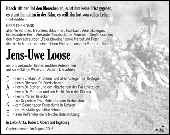 Traueranzeige von Jens-Uwe Loose von Südthüringer Presse