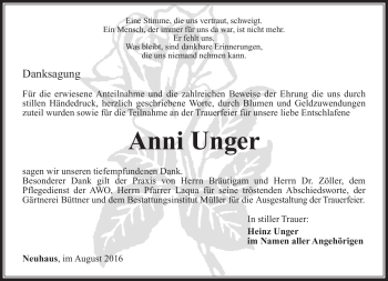 Traueranzeige von Anni Unger von Südthüringer Presse