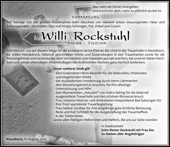 Traueranzeige von Willi Rockstuhl von Südthüringer Presse