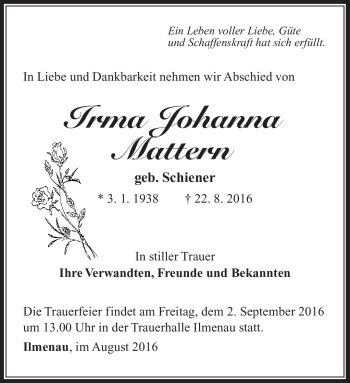Traueranzeige von Irma Johanna Mattern von Südthüringer Presse