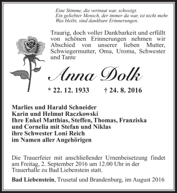 Traueranzeige von Anna Dolk von Südthüringer Presse