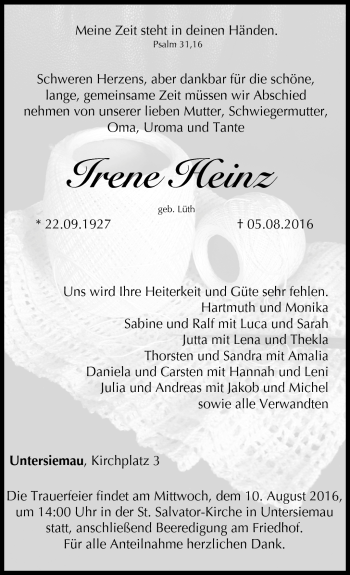 Traueranzeige von Irene Heinz von Neue Presse Coburg