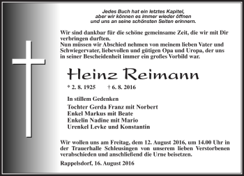 Traueranzeige von Heinz Reimann von Südthüringer Presse