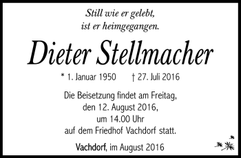 Traueranzeige von Dieter Stellmacher von Südthüringer Presse
