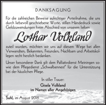 Traueranzeige von Lothar Volkland von Südthüringer Presse