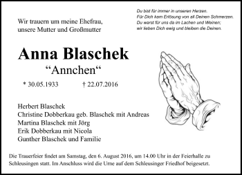Traueranzeige von Anna Blascheck von Südthüringer Presse