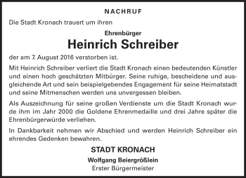 Traueranzeige von Heinrich Schreiber von Neue Presse Coburg